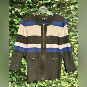 Cable & Gauge Striped Cardigan Sweater Full Zip 3/4 Sleeve Tight Fit Women’s Med